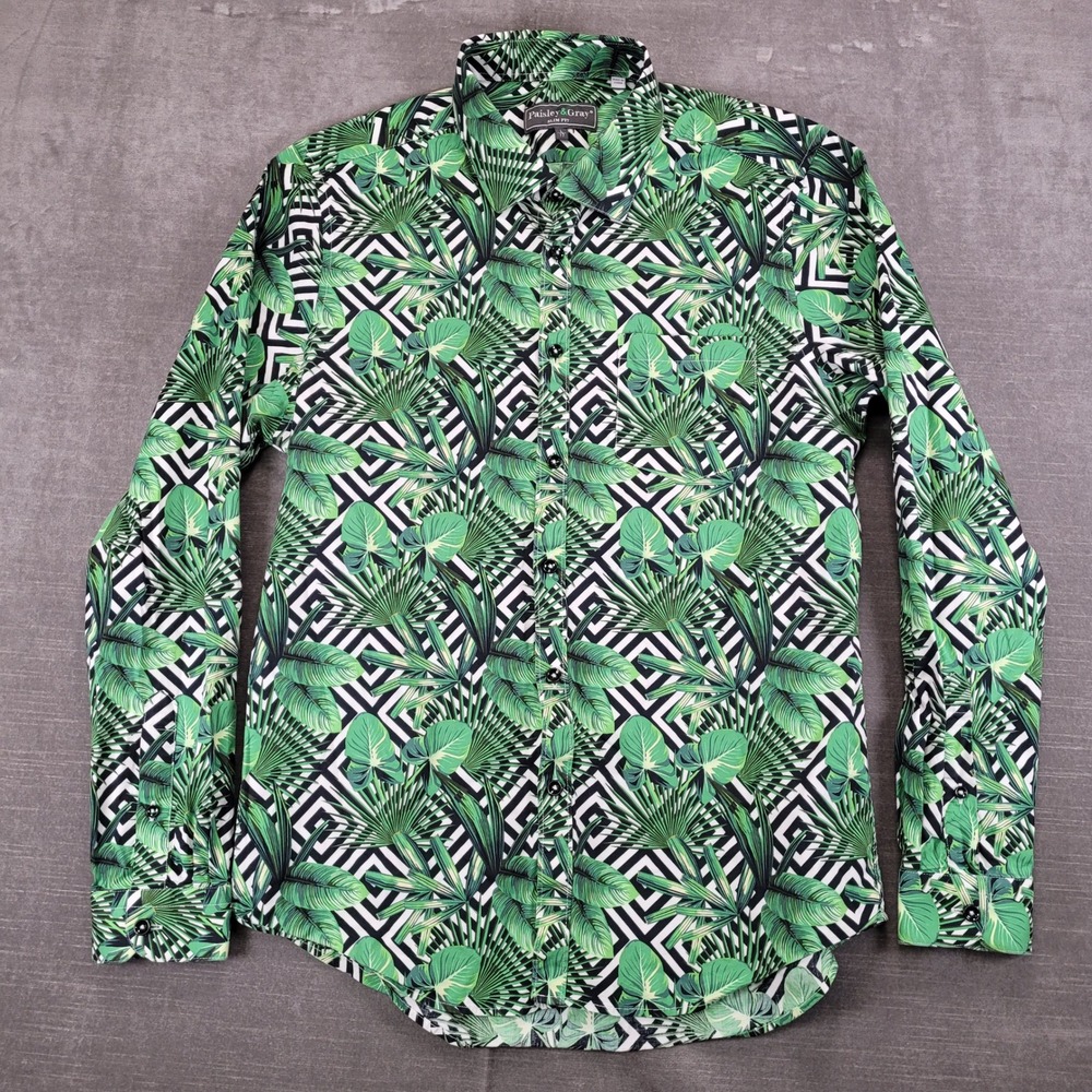 Paisley Gray Men's Slim Fit Tropical Leaf Print Long Sleeve Button Down Shirt Lg